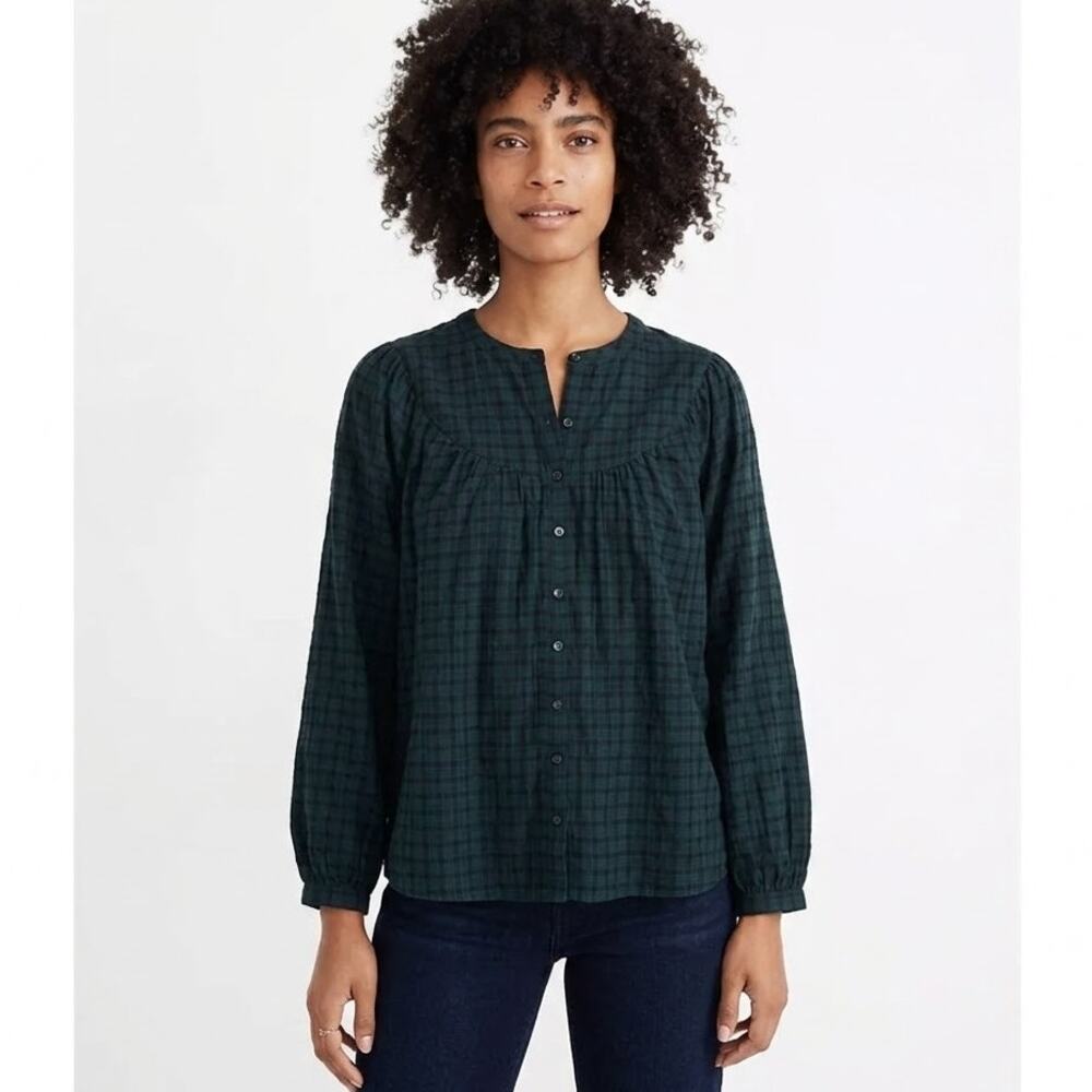 NEW Madewell Plaid Balloon-Sleeve Peasant Top Button Down Size Large L AF444